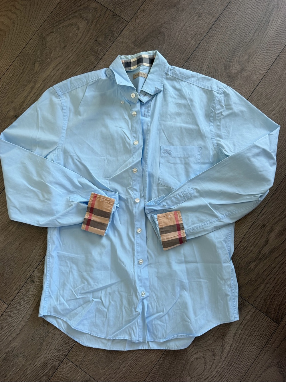 Burberry Blue Button Down Shirt with Nova Check Cuffs